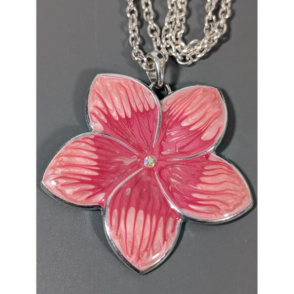 KC Kenneth Cole Pink Enamel Flower Crystal Pendant Necklace Silver Tone 19" - Picture 4 of 9